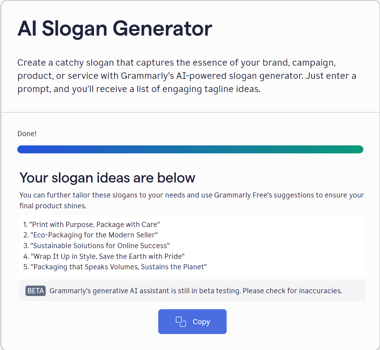 Screenshot eines AI Slogan Generators
