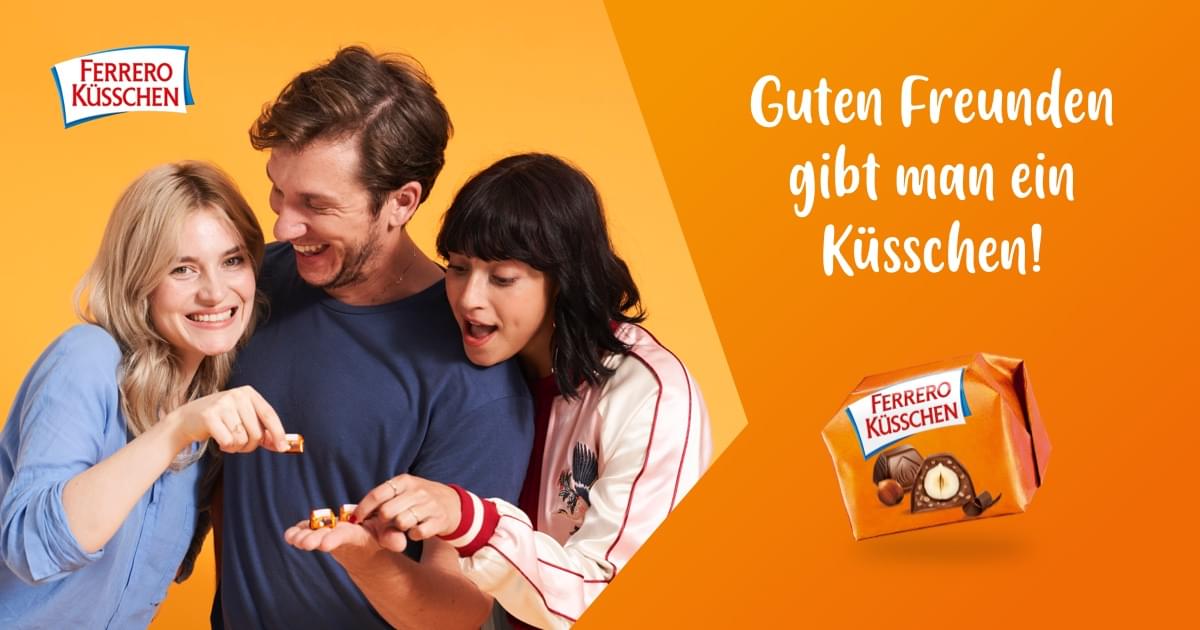 Ferrero Küsschen Werbebanner mit dem Slogan "Guten Freunden gibt man ein Küsschen"