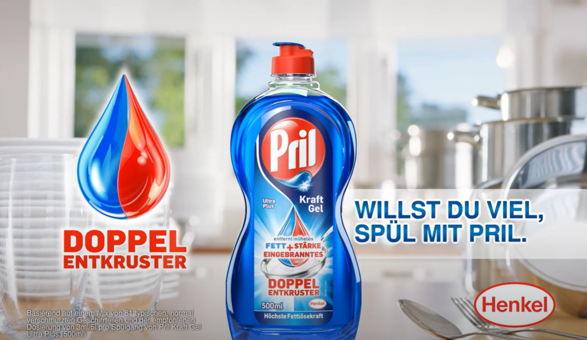 Pril Spülmittelflasche mit dem Slogan "Willst du viel, spül mit Pril"