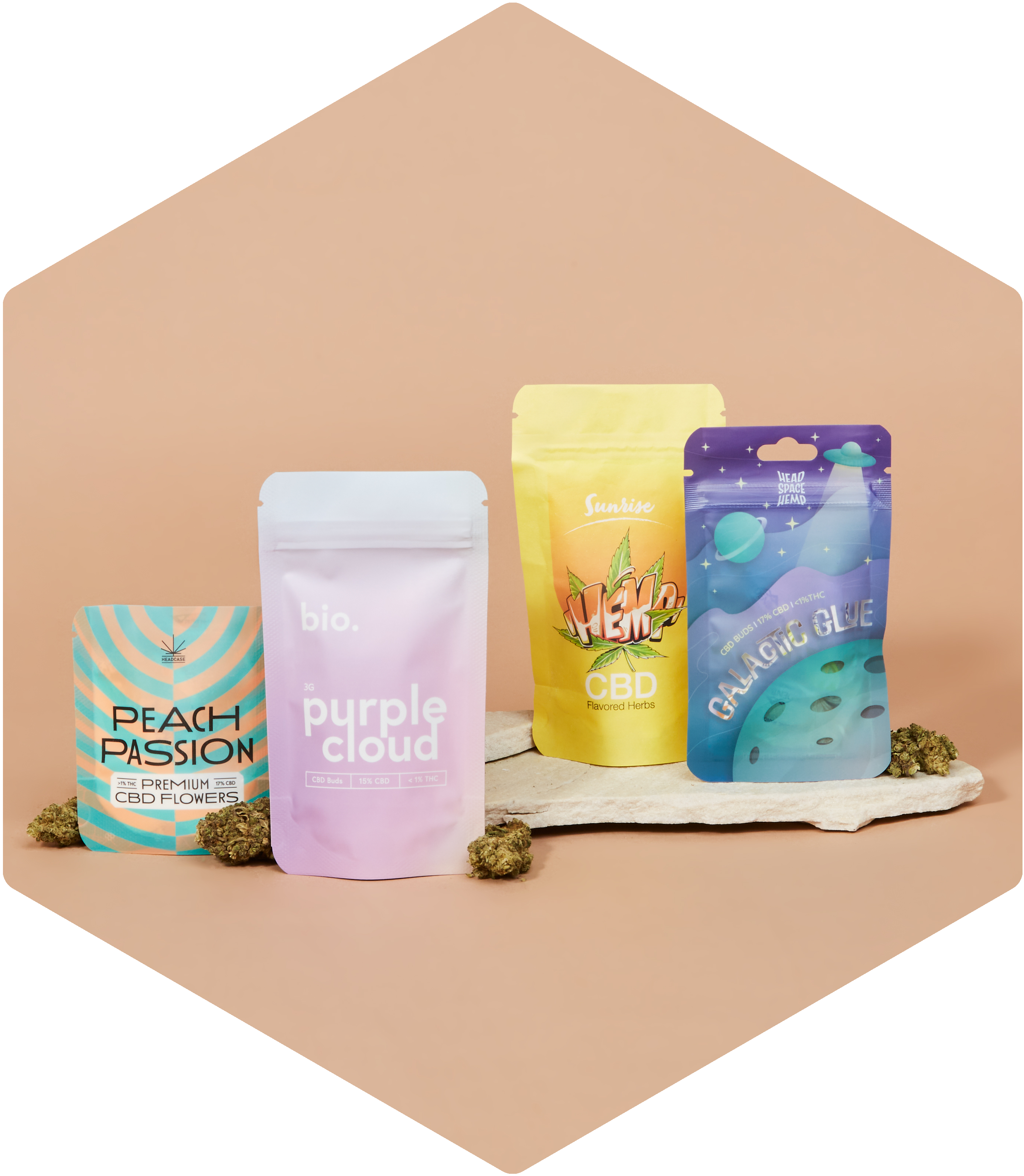 CBD Verpackungen als Standbodenbeutel in unterschiedlichen Designs
