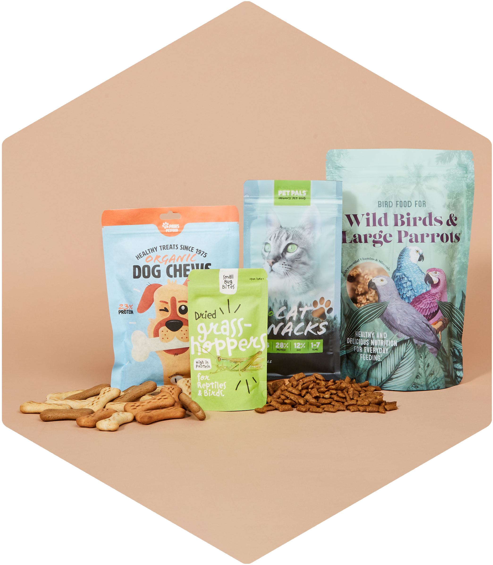 Pet food packaging as doypack and flatbottom pouch in different design