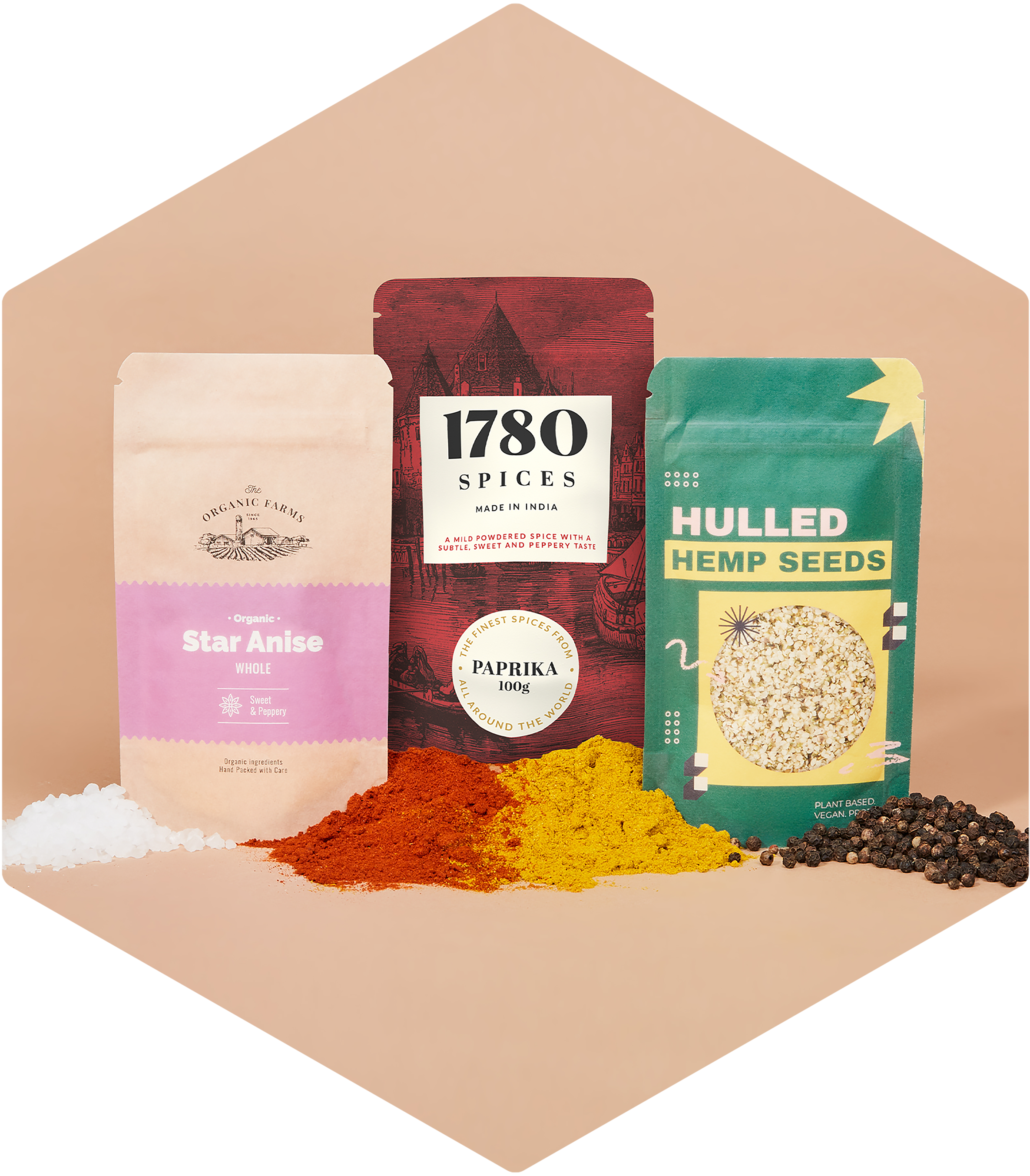 Spice packaging as Doypacks in different designs and loose spices