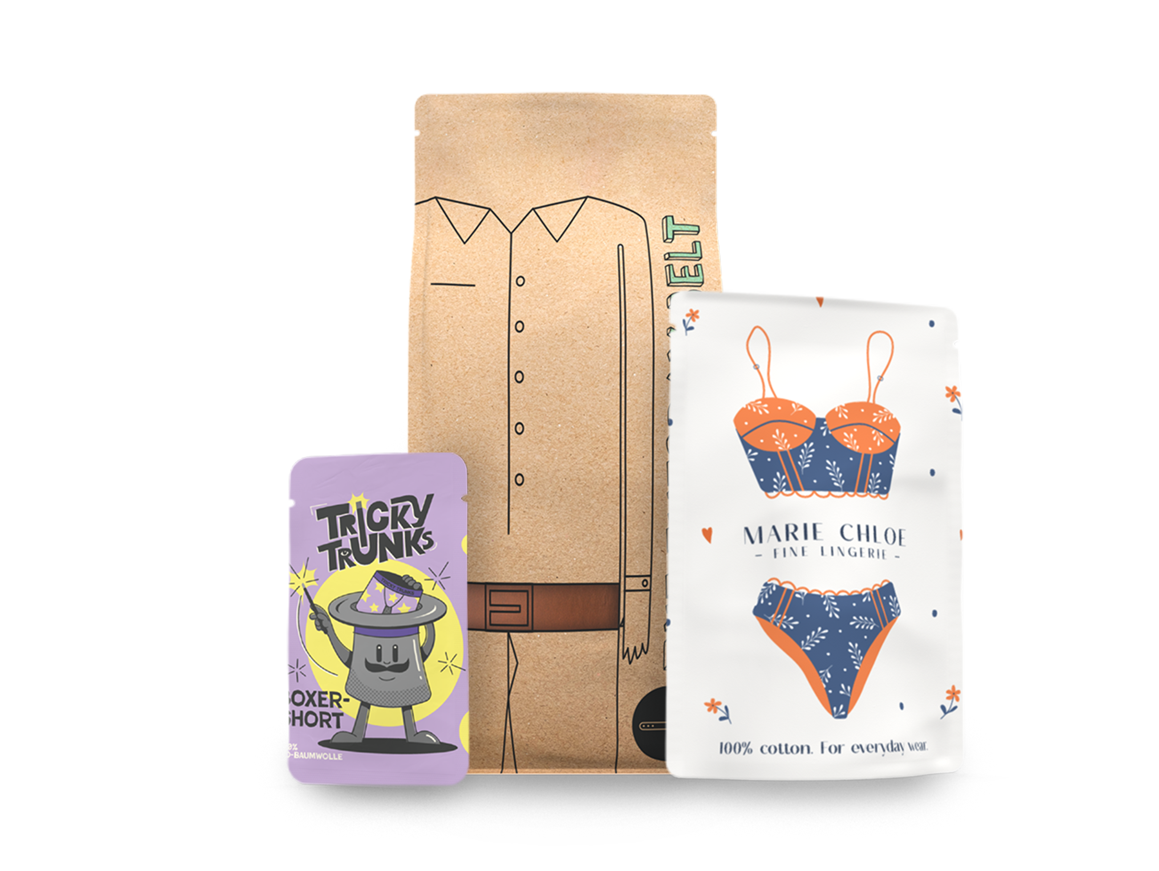 Bedruckte Textilverpackungen in unterschiedlichen Formen und Designs