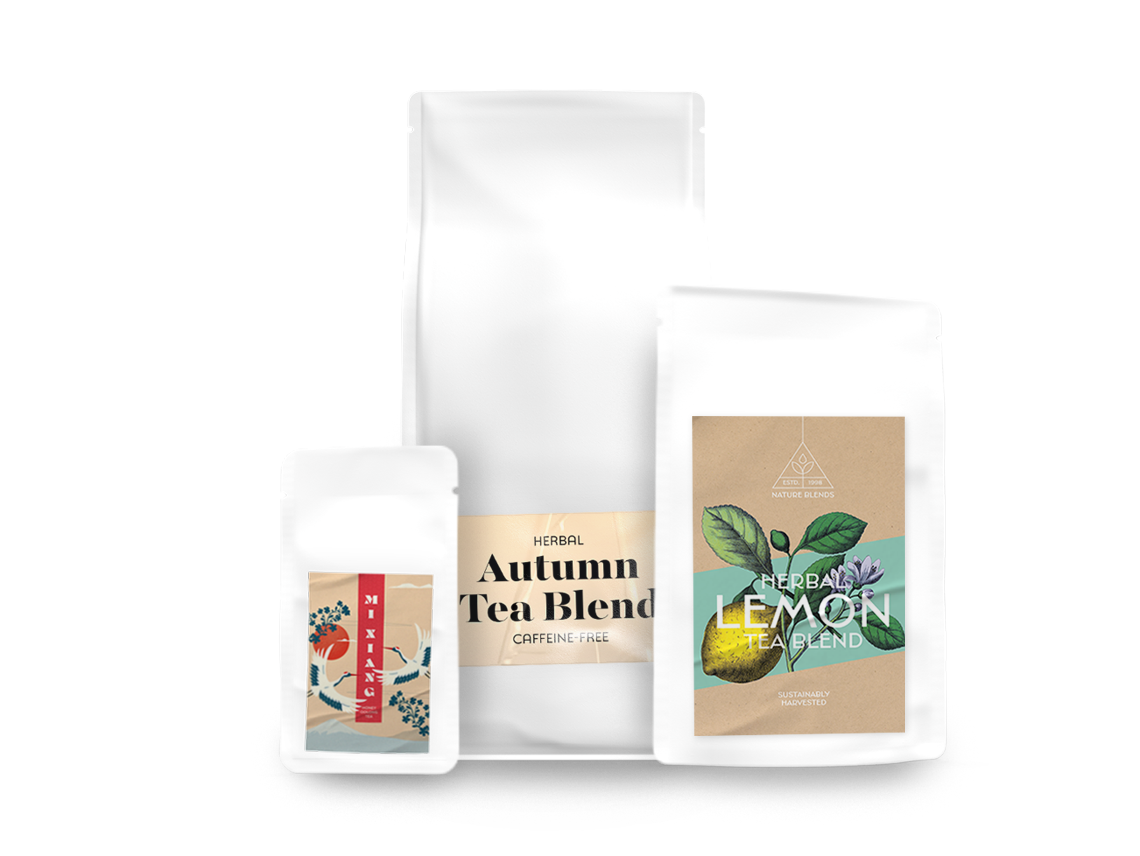 White tea packaging with different shapes and coloured stickers