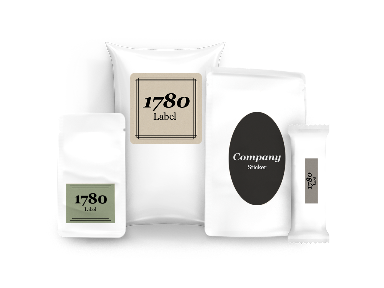 White pouch packaging with stickers on it