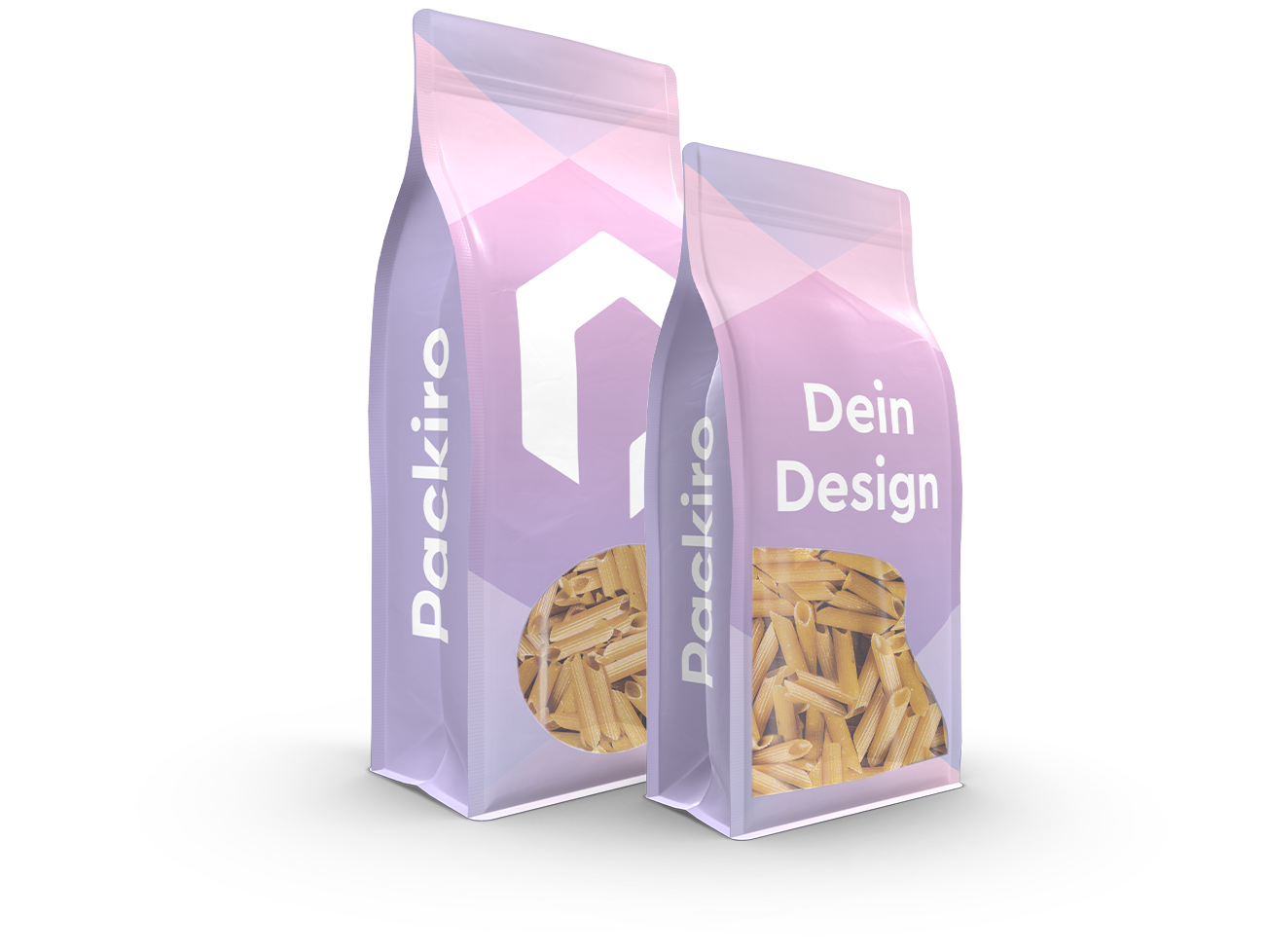 Blockbodenbeutel mit Sichtfenster, gefüllt mit Nudeln und der Aufschrift "Dein Design"