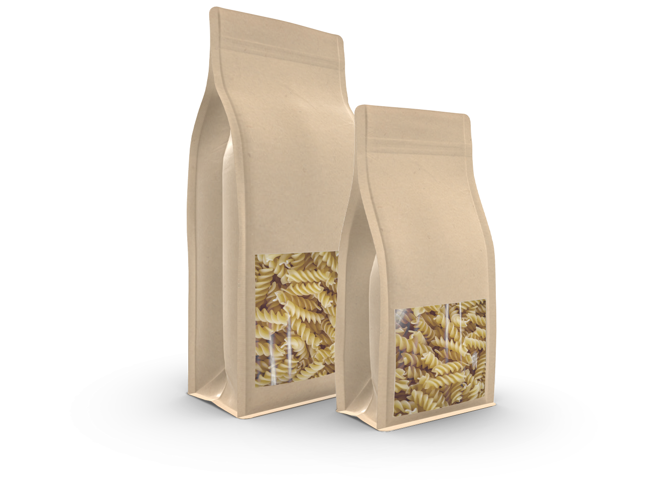 Blockbodenbeutel aus Kraftpapier mit Sichtfenster, gefüllt mit Nudeln