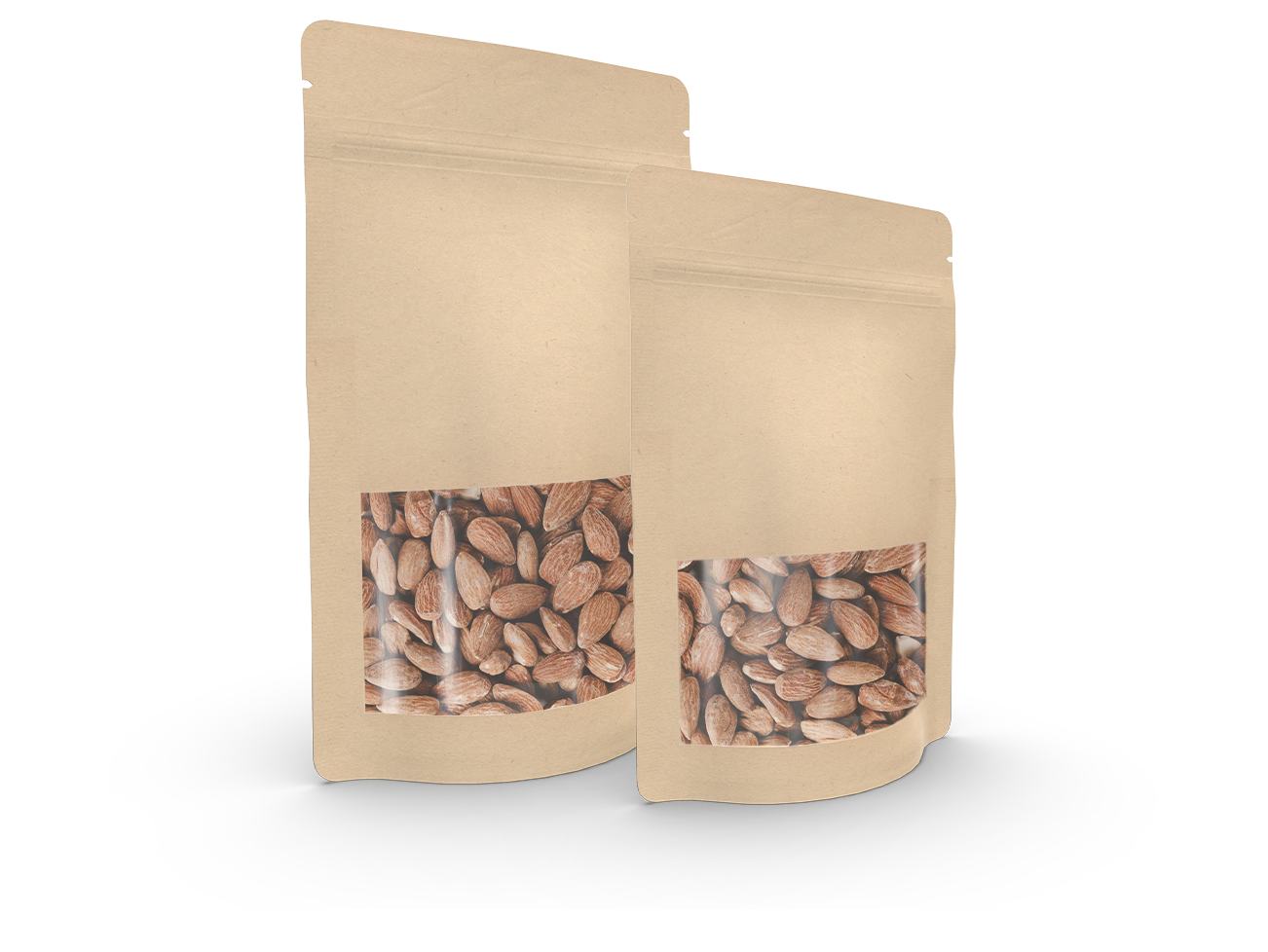 Standbodenbeutel aus Kraftpapier mit Sichtfenster, gefüllt mit Nüssen