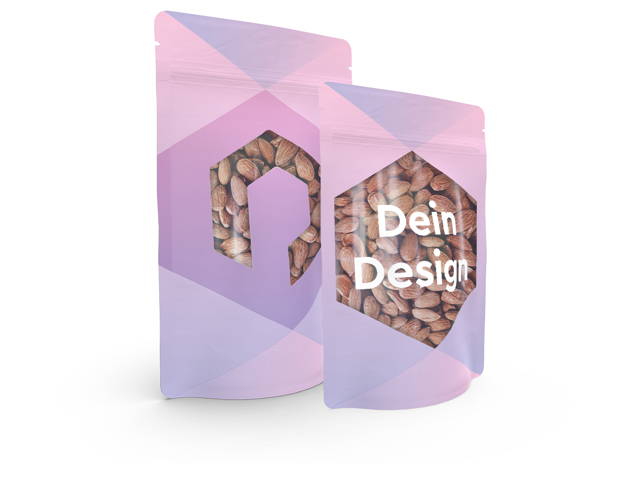 Standbodenbeutel mit Sichtfenster, gefüllt mit Nüssen und der Aufschrift "Dein Design"