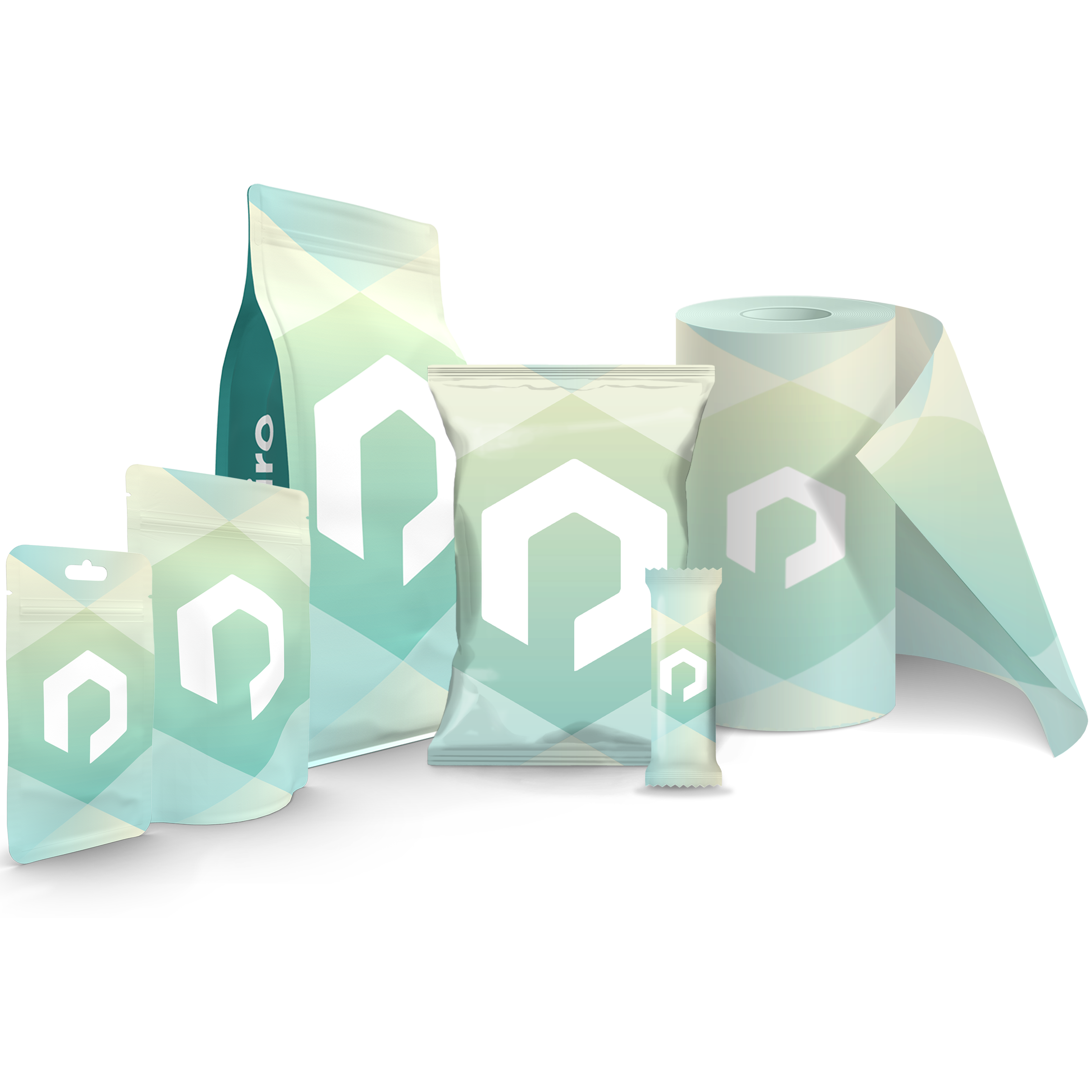 Flexible packaging in various shapes in the green Packiro design