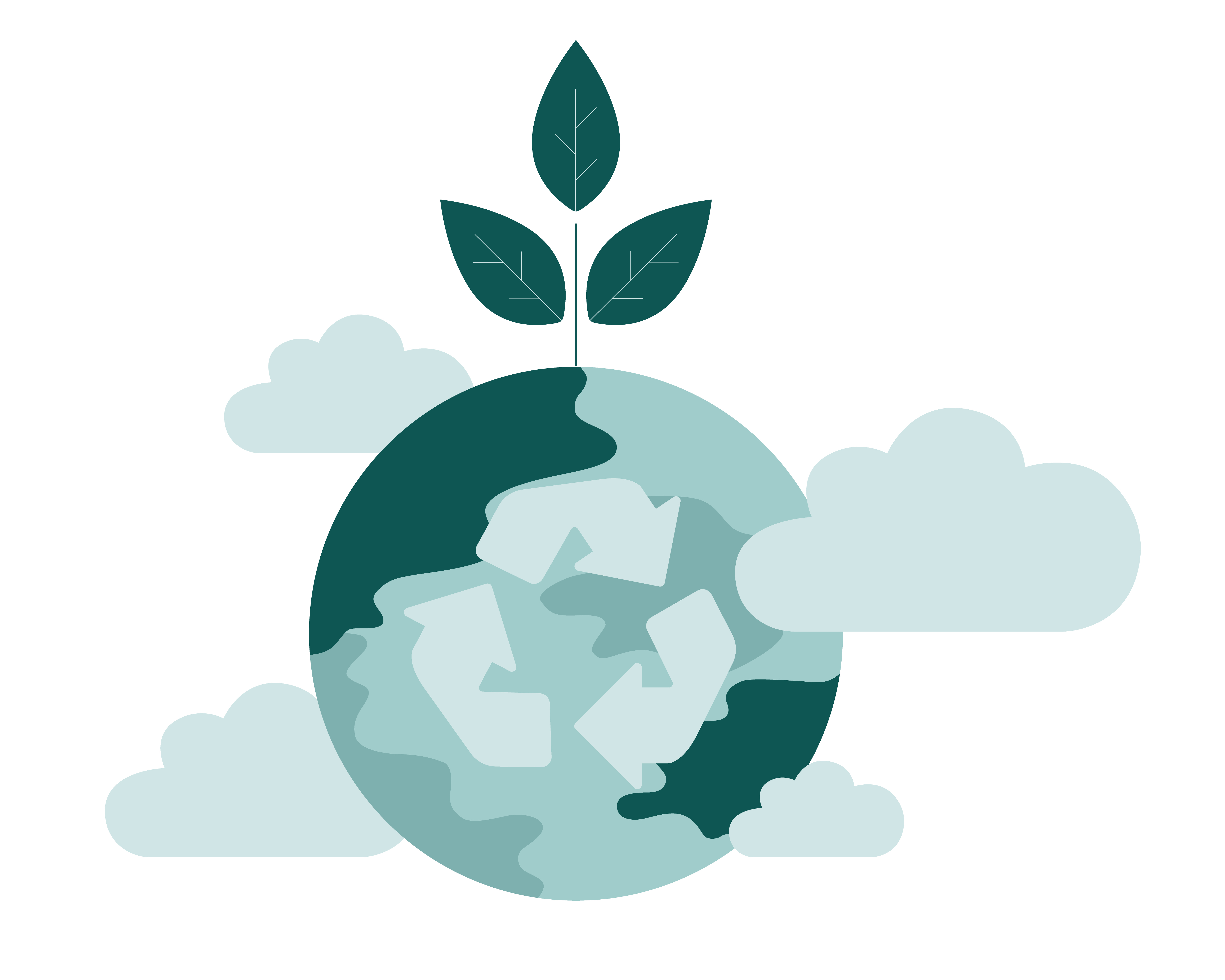 Globus mit Wolken, einer Pflanze und dem Reycling Logo