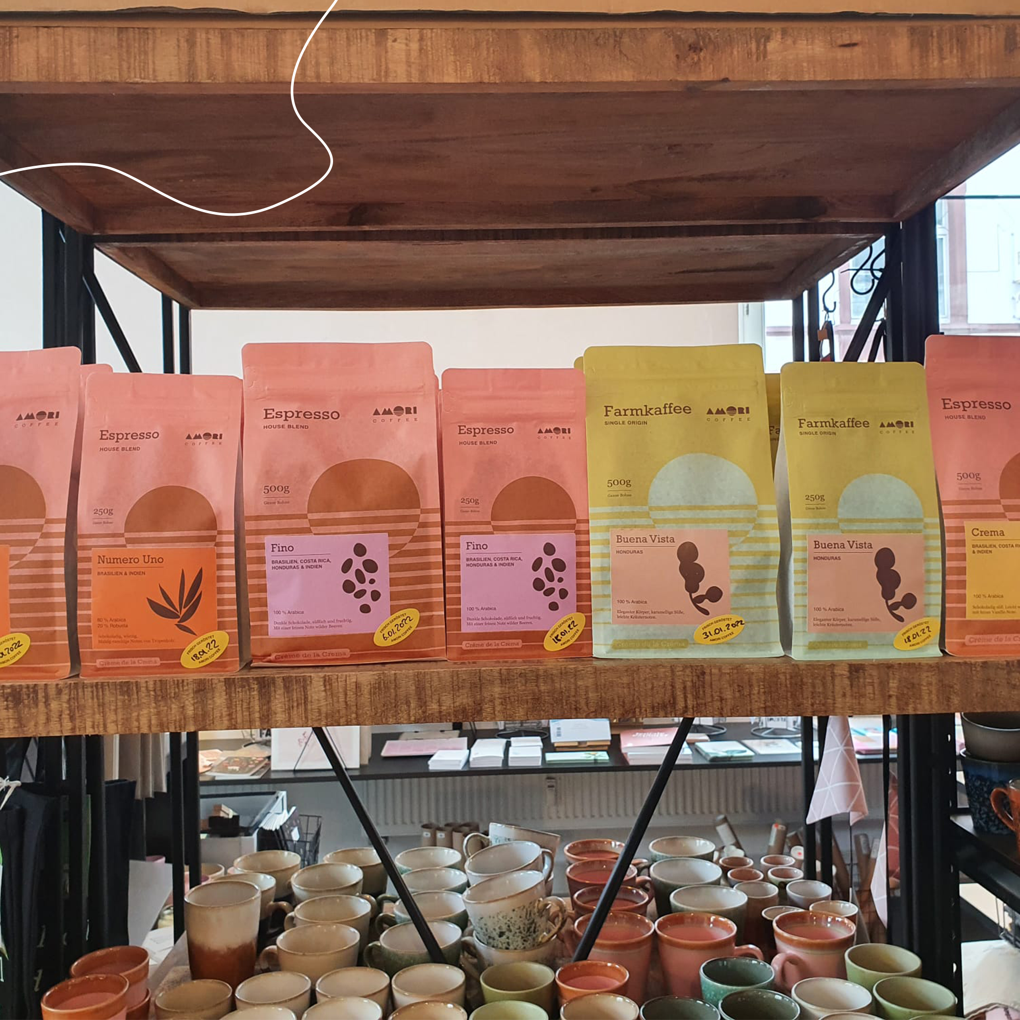 Coffee packaging as flat bottom pouches from Amori on the shelf