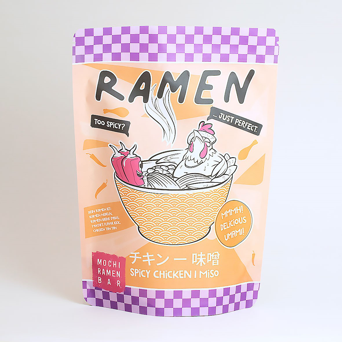 Lebensmitttelverpackung als Standbodenbeutel für Ramen von Mochi-Ramen